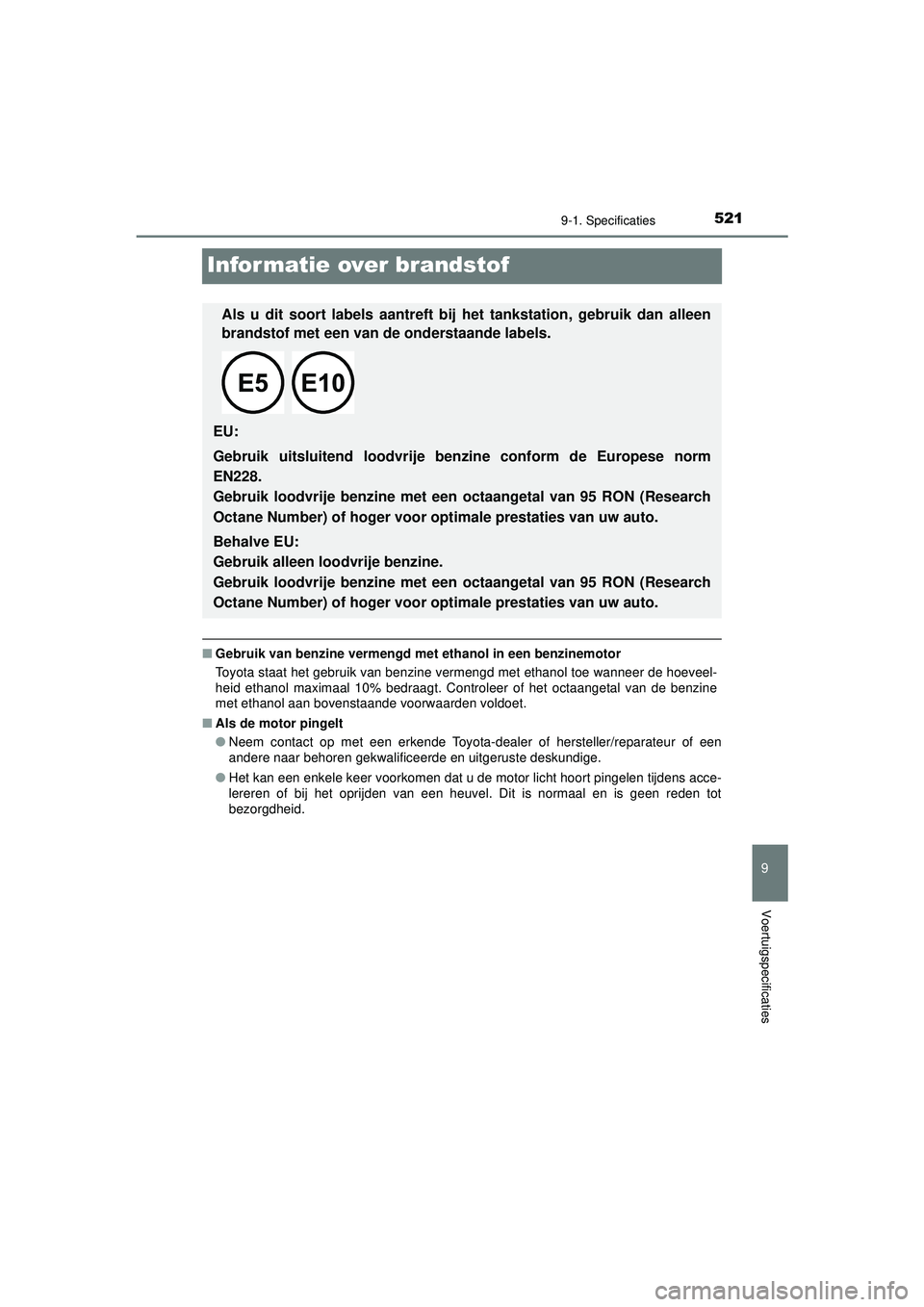 TOYOTA AYGO 2021 Instructieboekje (in Dutch) 5219-1. Specificaties
9
Voertuigspecificaties
AYGO_OM_Europe_OM9A012E
Informatie over brandstof
■Gebruik van benzine vermengd me t ethanol in een benzinemotor
Toyota staat het gebruik van benzine ve TOYOTA AYGO 2021 Instructieboekje (in Dutch) 5219-1. Specificaties
9
Voertuigspecificaties
AYGO_OM_Europe_OM9A012E
Informatie over brandstof
■Gebruik van benzine vermengd me t ethanol in een benzinemotor
Toyota staat het gebruik van benzine ve