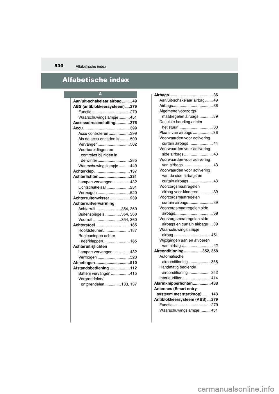 TOYOTA AYGO 2021 Instructieboekje (in Dutch) 530Alfabetische index
AYGO_OM_Europe_OM9A012E
Alfabetische index
Aan/uit-schakelaar airbag ......... 49
ABS (antiblokkeersysteem) .... 279Functie .................................. 279
Waarschuwingsla TOYOTA AYGO 2021 Instructieboekje (in Dutch) 530Alfabetische index
AYGO_OM_Europe_OM9A012E
Alfabetische index
Aan/uit-schakelaar airbag ......... 49
ABS (antiblokkeersysteem) .... 279Functie .................................. 279
Waarschuwingsla