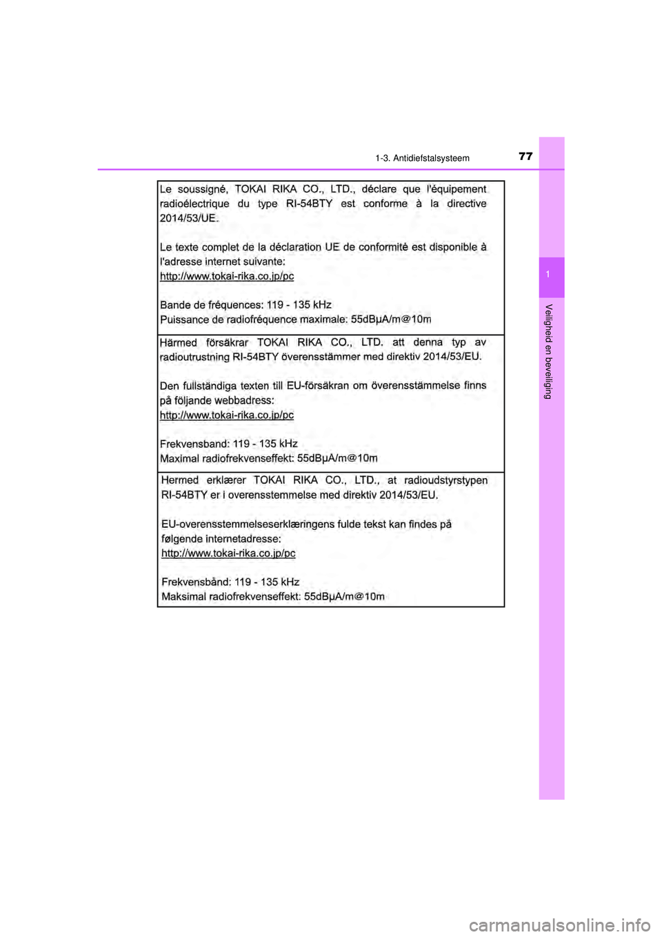 TOYOTA AYGO 2021 Instructieboekje (in Dutch) 771-3. Antidiefstalsysteem
1
Veiligheid en beveiliging
AYGO_OM_Europe_OM9A012E
AYGO_OM_Europe_OM9A012E.book Page 77 Wednesday, October 28, 2020 10:30 AM TOYOTA AYGO 2021 Instructieboekje (in Dutch) 771-3. Antidiefstalsysteem
1
Veiligheid en beveiliging
AYGO_OM_Europe_OM9A012E
AYGO_OM_Europe_OM9A012E.book Page 77 Wednesday, October 28, 2020 10:30 AM