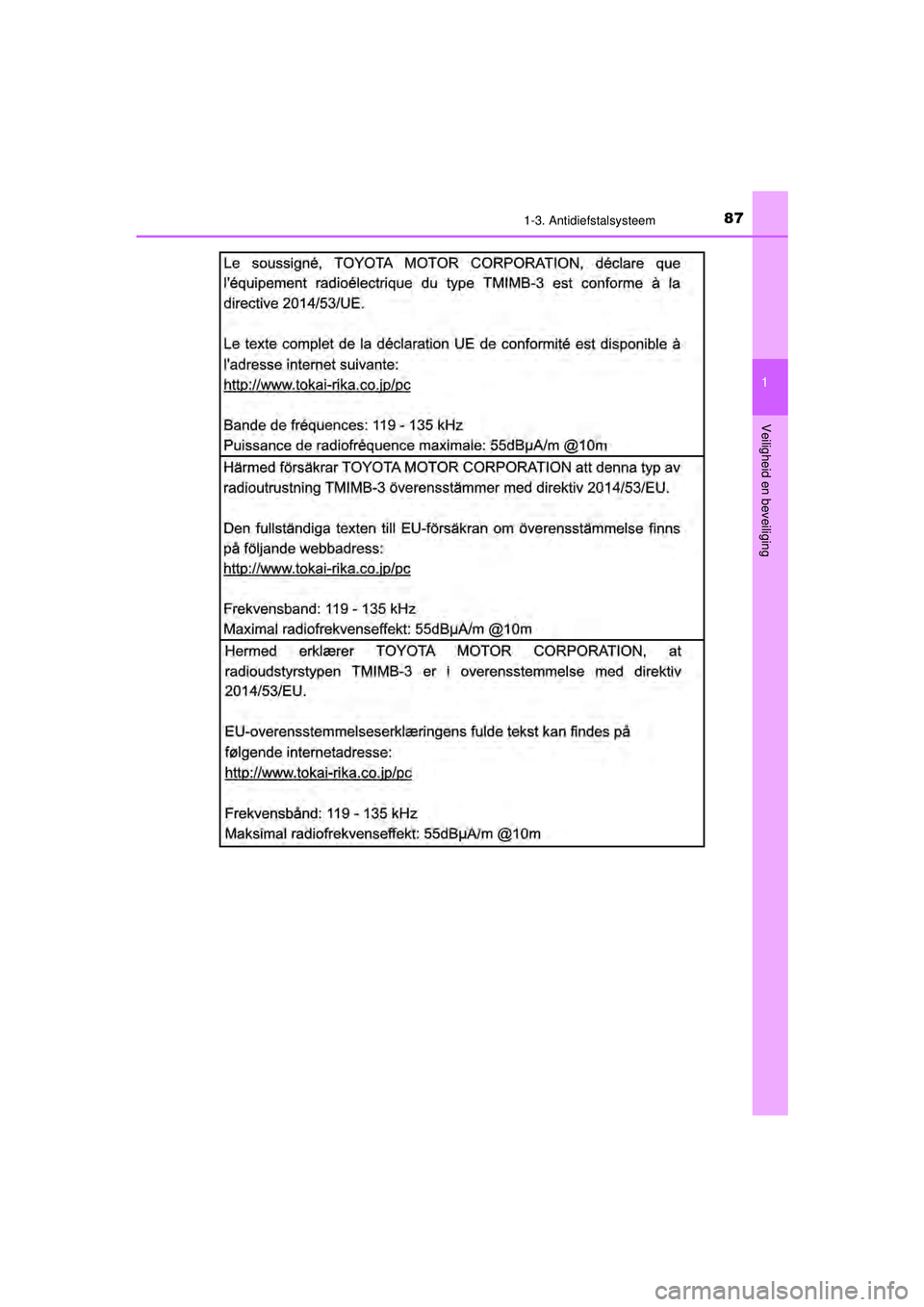 TOYOTA AYGO 2021  Instructieboekje (in Dutch) 871-3. Antidiefstalsysteem
1
Veiligheid en beveiliging
AYGO_OM_Europe_OM9A012E
AYGO_OM_Europe_OM9A012E.book  Page 87  Wednesday, October 28, 2020  10:30 AM 