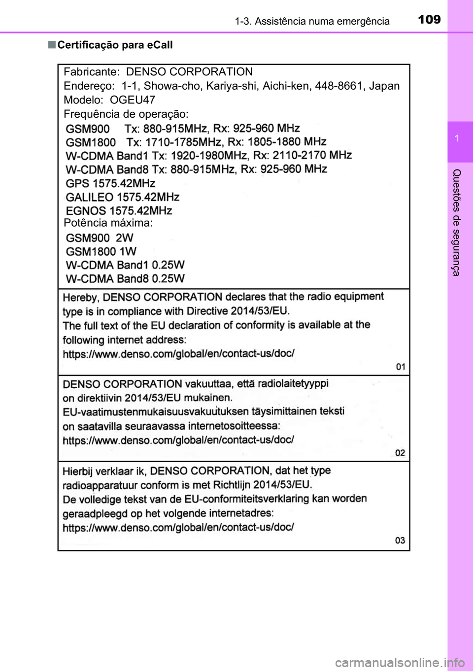 TOYOTA C-HR 2023  Manual de utilização (in Portuguese) 109������$�V�V�L�V�W�r�Q�F�L�D��Q�X�P�D��H�P�H�U�J�r�Q�F�L�D
�
�4�X�H�V�W�}�H�V��G�H��V�H�J�X�U�D�Q�o�D
■�&�H�U�W�L�I�L�F�D�o�m�R��S�D�U�D��H�&�D�O�O
�)�D�E�U�L�F�D�Q�W�H�����(�1�6�2