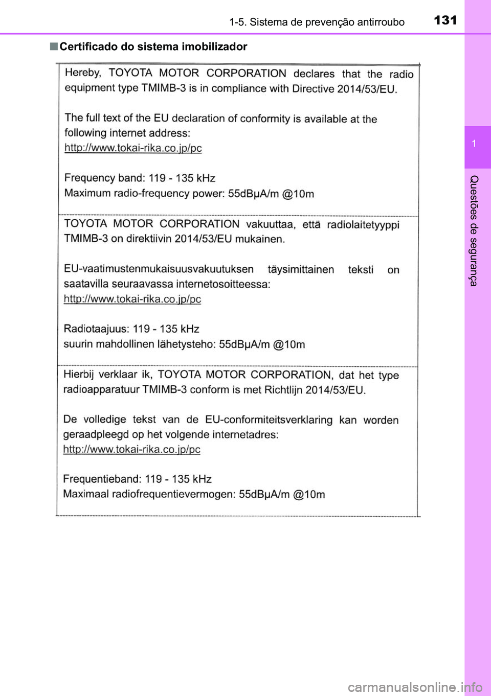 TOYOTA C-HR 2023  Manual de utilização (in Portuguese) 131������6�L�V�W�H�P�D��G�H��S�U�H�Y�H�Q�o�m�R��D�Q�W�L�U�U�R�X�E�R
�
�4�X�H�V�W�}�H�V��G�H��V�H�J�X�U�D�Q�o�D
■�&�H�U�W�L�I�L�F�D�G�R��G�R��V�L�V�W�H�P�D��L�P�R�E�L�O�L�]�D�G�R�U� 