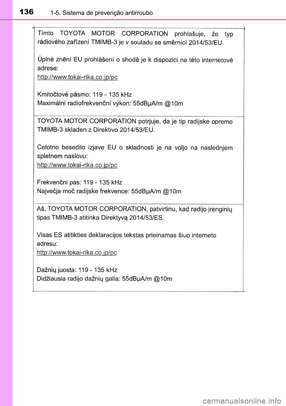 TOYOTA C-HR 2023  Manual de utilização (in Portuguese) 136������6�L�V�W�H�P�D��G�H��S�U�H�Y�H�Q�o�m�R��D�Q�W�L�U�U�R�X�E�R 