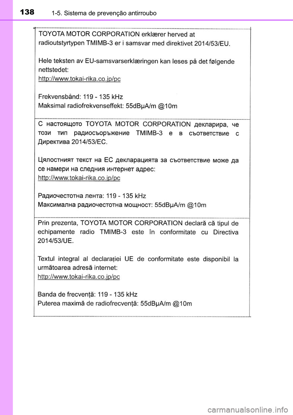 TOYOTA C-HR 2023  Manual de utilização (in Portuguese) 138������6�L�V�W�H�P�D��G�H��S�U�H�Y�H�Q�o�m�R��D�Q�W�L�U�U�R�X�E�R 