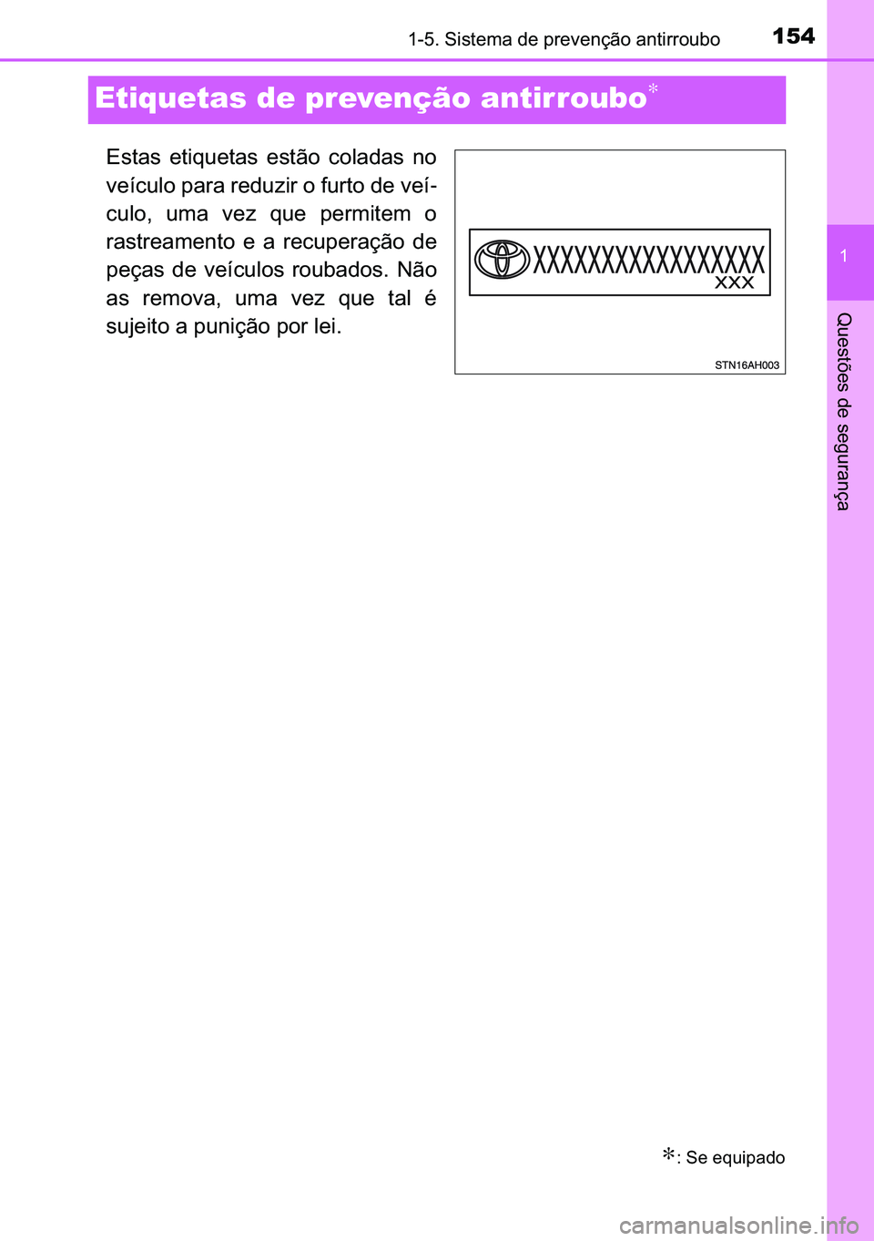 TOYOTA C-HR 2023  Manual de utilização (in Portuguese) 154
�
������6�L�V�W�H�P�D��G�H��S�U�H�Y�H�Q�o�m�R��D�Q�W�L�U�U�R�X�E�R
�4�X�H�V�W�}�H�V��G�H��V�H�J�X�U�D�Q�o�D
Etiquetas de prevenção antirroubo∗
�(�V�W�D�V� �H�W�L�T�X�H�W�D�V� �H�V