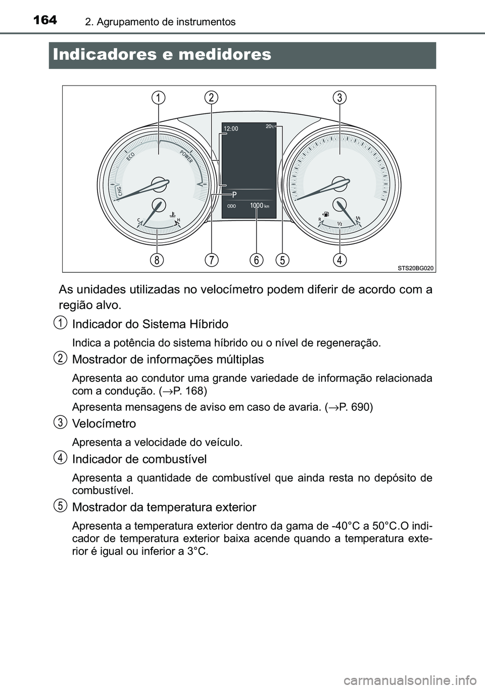 TOYOTA C-HR 2023  Manual de utilização (in Portuguese) 164����$�J�U�X�S�D�P�H�Q�W�R��G�H��L�Q�V�W�U�X�P�H�Q�W�R�V
Indicadores e medidores
�$�V��X�Q�L�G�D�G�H�V��X�W�L�O�L�]�D�G�D�V��Q�R��Y�H�O�R�F�t�P�H�W�U�R��S�R�G�H�P��G�L�I�H�U�L�U��G�H��D