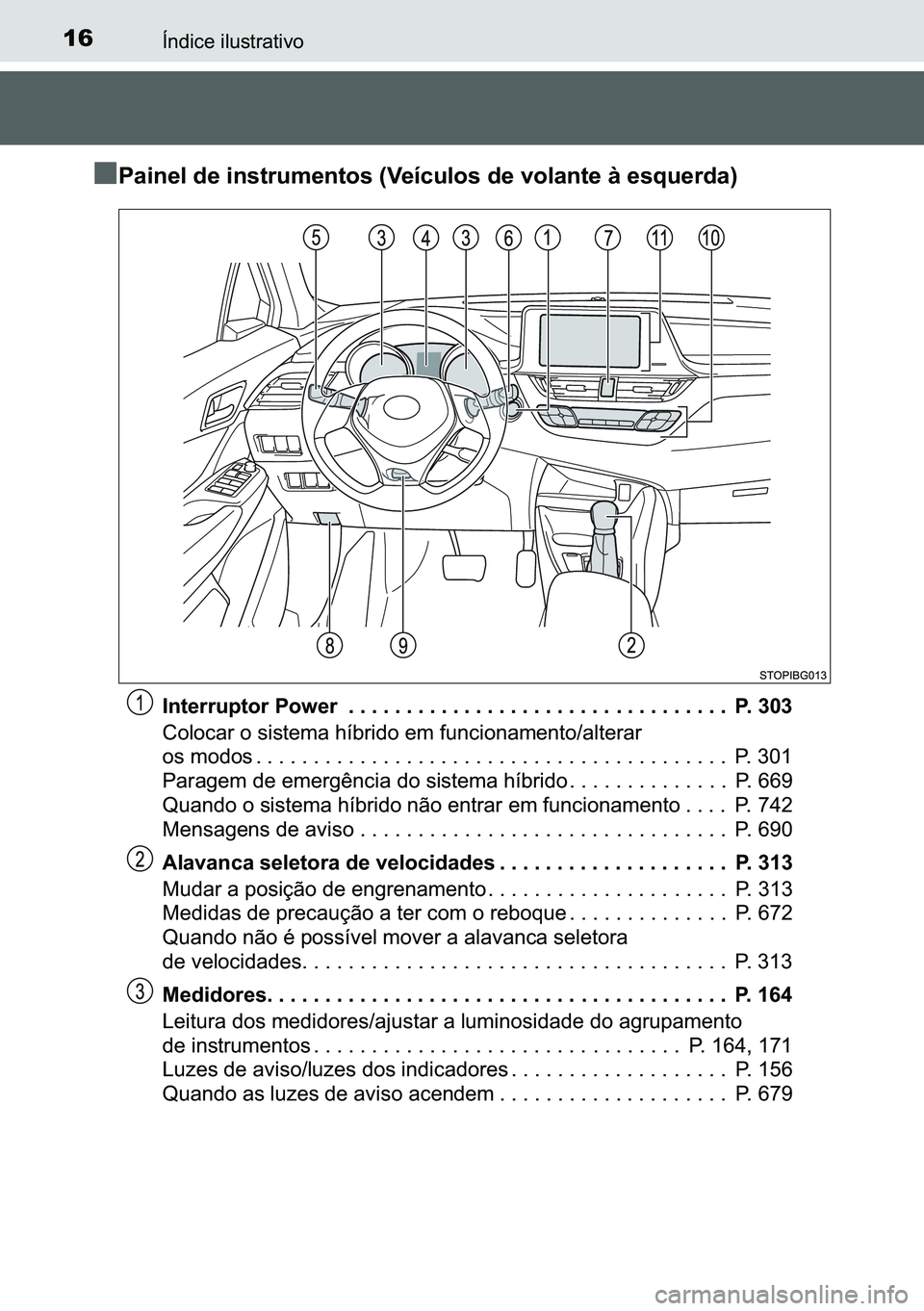 TOYOTA C-HR 2023  Manual de utilização (in Portuguese) 16�Ë�Q�G�L�F�H��L�O�X�V�W�U�D�W�L�Y�R
n
nn n�3�D�L�Q�H�O��G�H��L�Q�V�W�U�X�P�H�Q�W�R�V���9�H�t�F�X�O�R�V��G�H��Y�R�O�D�Q�W�H��j��H�V�T�X�H�U�G�D�
�,�Q�W�H�U�U�X�S�W�R�U��3�R�Z�H�U ����