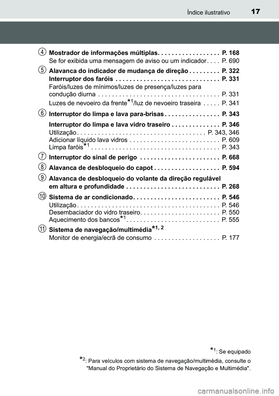 TOYOTA C-HR 2023  Manual de utilização (in Portuguese) 17�Ë�Q�G�L�F�H��L�O�X�V�W�U�D�W�L�Y�R
�0�R�V�W�U�D�G�R�U��G�H��L�Q�I�R�U�P�D�o�}�H�V��P�~�O�W�L�S�O�D�V������������������������������������ �3�����
�6�H�