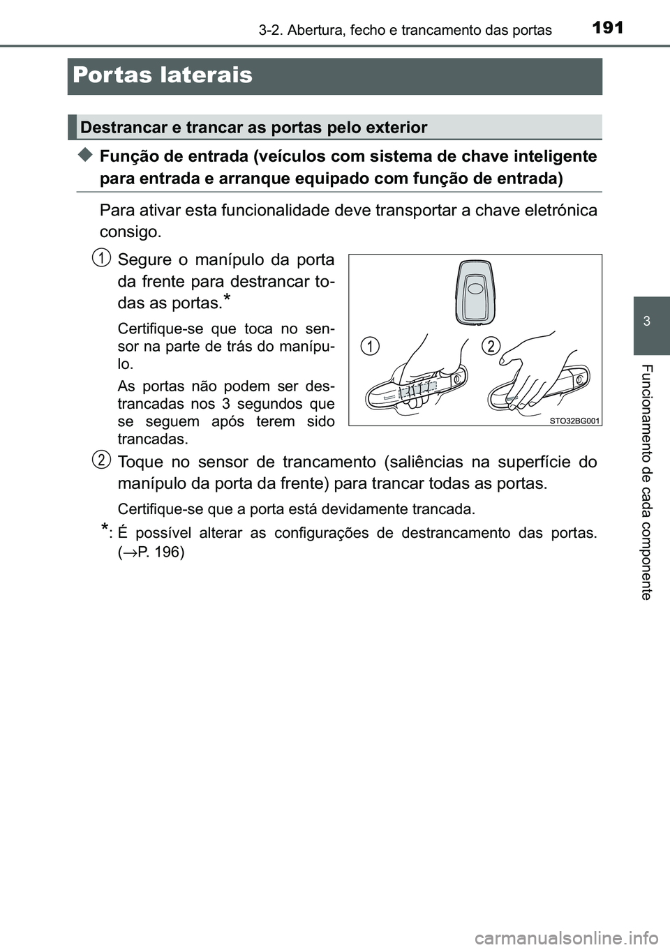 TOYOTA C-HR 2023  Manual de utilização (in Portuguese) 191
�
������$�E�H�U�W�X�U�D���I�H�F�K�R��H��W�U�D�Q�F�D�P�H�Q�W�R��G�D�V��S�R�U�W�D�V
�)�X�Q�F�L�R�Q�D�P�H�Q�W�R��G�H��F�D�G�D��F�R�P�S�R�Q�H�Q�W�H
Por tas laterais
◆�)�X�Q�o�m�R��G�