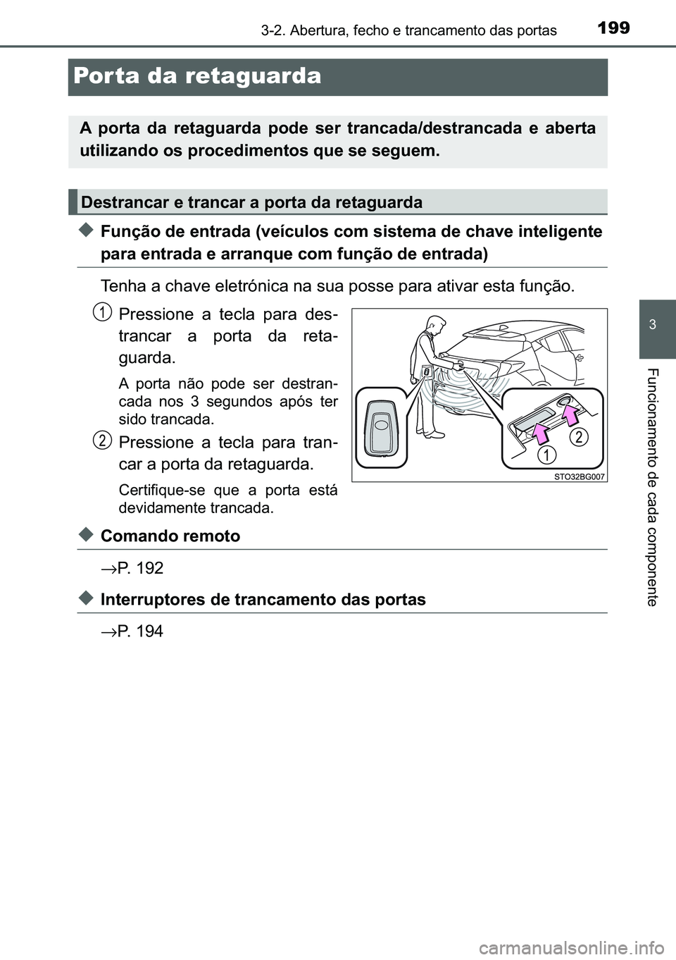 TOYOTA C-HR 2023  Manual de utilização (in Portuguese) 199
�
������$�E�H�U�W�X�U�D���I�H�F�K�R��H��W�U�D�Q�F�D�P�H�Q�W�R��G�D�V��S�R�U�W�D�V
�)�X�Q�F�L�R�Q�D�P�H�Q�W�R��G�H��F�D�G�D��F�R�P�S�R�Q�H�Q�W�H
Por ta da retaguarda
◆�)�X�Q�o�m�R�