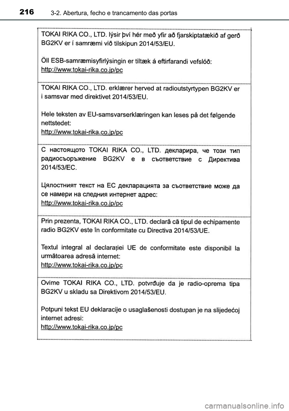 TOYOTA C-HR 2023  Manual de utilização (in Portuguese) 216������$�E�H�U�W�X�U�D���I�H�F�K�R��H��W�U�D�Q�F�D�P�H�Q�W�R��G�D�V��S�R�U�W�D�V 