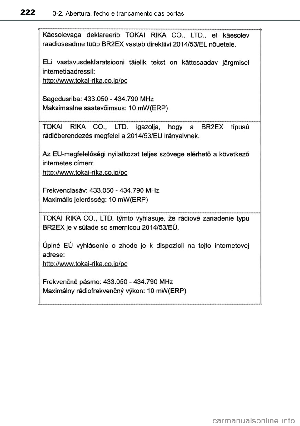 TOYOTA C-HR 2023  Manual de utilização (in Portuguese) 222������$�E�H�U�W�X�U�D���I�H�F�K�R��H��W�U�D�Q�F�D�P�H�Q�W�R��G�D�V��S�R�U�W�D�V 
