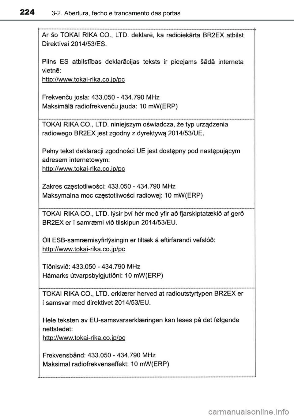 TOYOTA C-HR 2023  Manual de utilização (in Portuguese) 224������$�E�H�U�W�X�U�D���I�H�F�K�R��H��W�U�D�Q�F�D�P�H�Q�W�R��G�D�V��S�R�U�W�D�V 