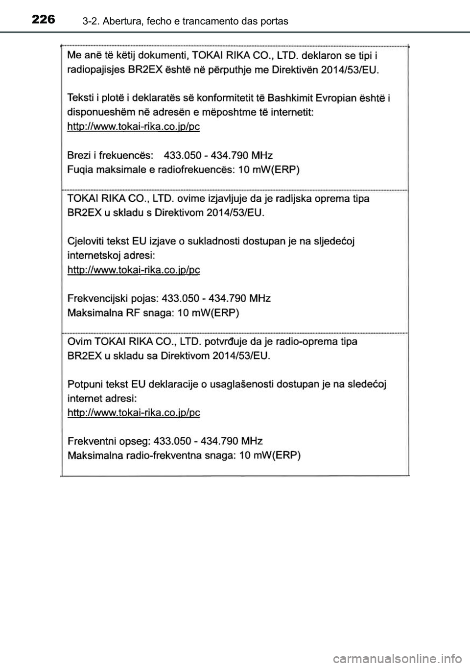 TOYOTA C-HR 2023  Manual de utilização (in Portuguese) 226������$�E�H�U�W�X�U�D���I�H�F�K�R��H��W�U�D�Q�F�D�P�H�Q�W�R��G�D�V��S�R�U�W�D�V 