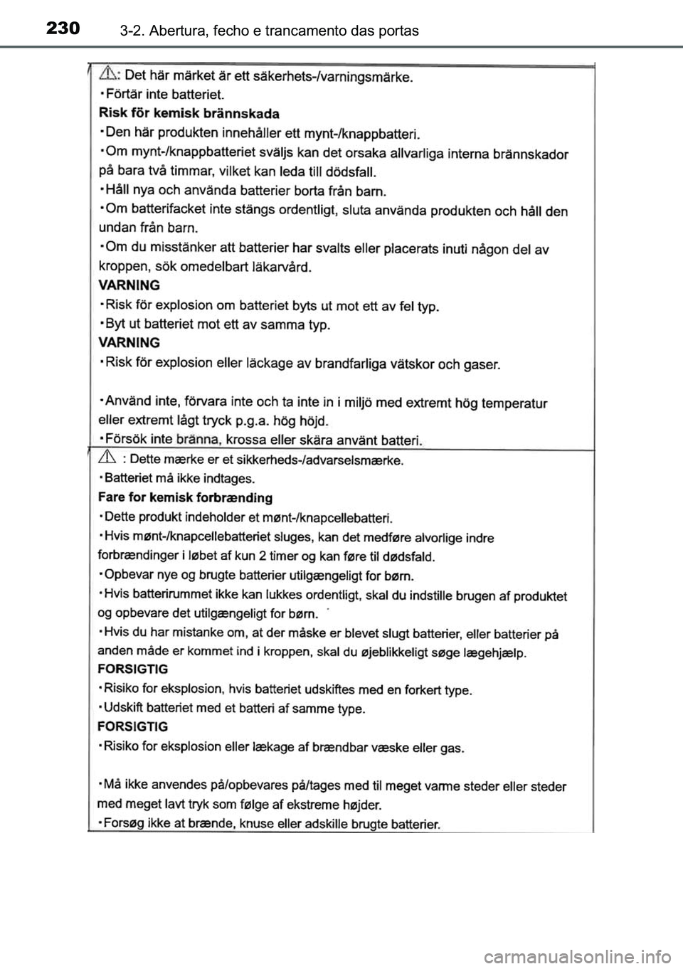 TOYOTA C-HR 2023  Manual de utilização (in Portuguese) 230������$�E�H�U�W�X�U�D���I�H�F�K�R��H��W�U�D�Q�F�D�P�H�Q�W�R��G�D�V��S�R�U�W�D�V 