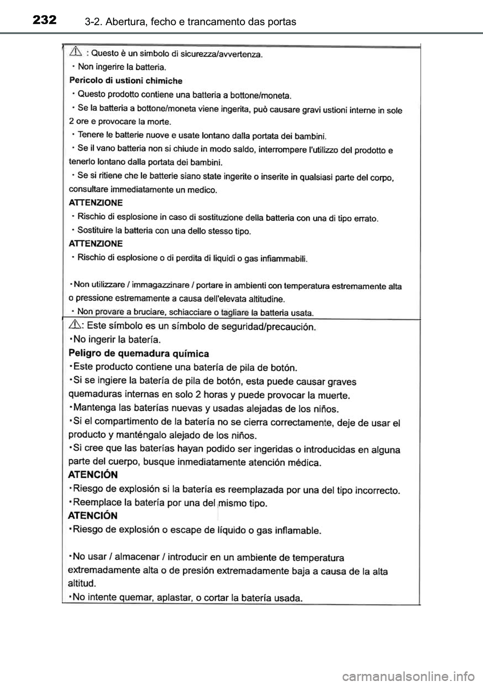 TOYOTA C-HR 2023  Manual de utilização (in Portuguese) 232������$�E�H�U�W�X�U�D���I�H�F�K�R��H��W�U�D�Q�F�D�P�H�Q�W�R��G�D�V��S�R�U�W�D�V 