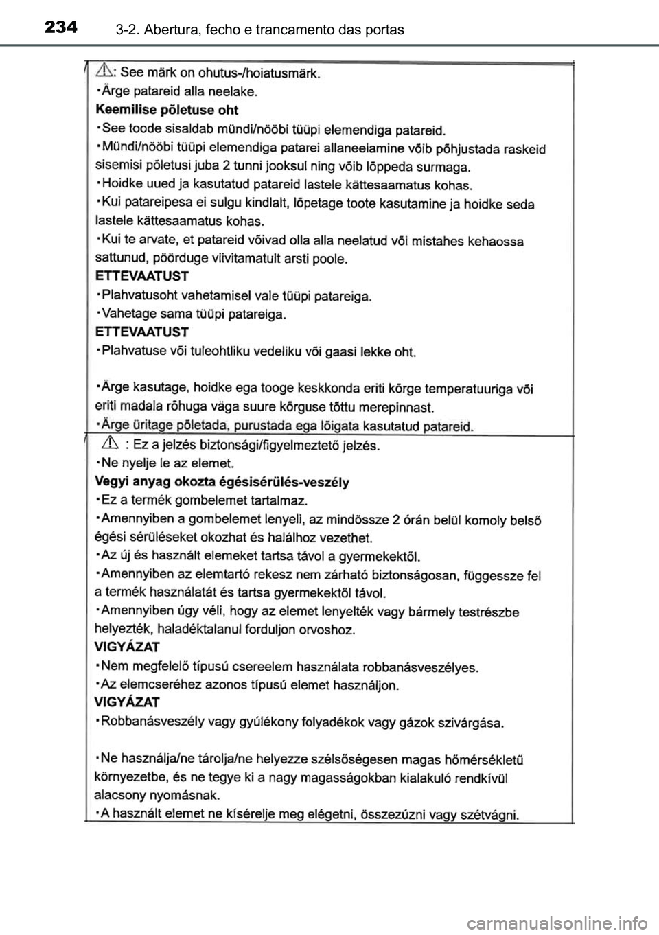 TOYOTA C-HR 2023  Manual de utilização (in Portuguese) 234������$�E�H�U�W�X�U�D���I�H�F�K�R��H��W�U�D�Q�F�D�P�H�Q�W�R��G�D�V��S�R�U�W�D�V 