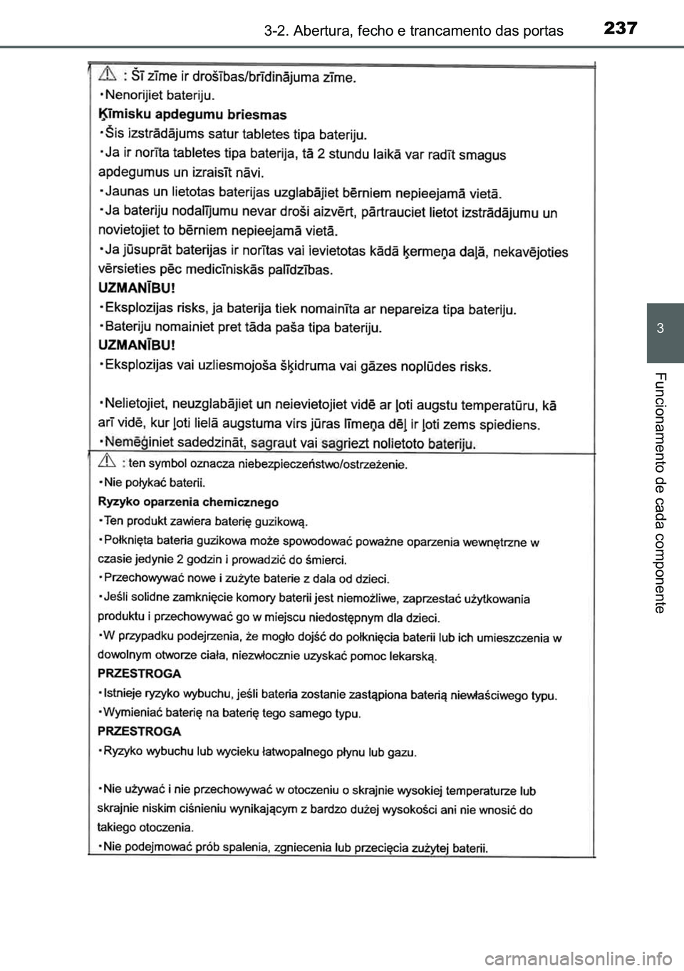 TOYOTA C-HR 2023  Manual de utilização (in Portuguese) 237������$�E�H�U�W�X�U�D���I�H�F�K�R��H��W�U�D�Q�F�D�P�H�Q�W�R��G�D�V��S�R�U�W�D�V
�
�)�X�Q�F�L�R�Q�D�P�H�Q�W�R��G�H��F�D�G�D��F�R�P�S�R�Q�H�Q�W�H 