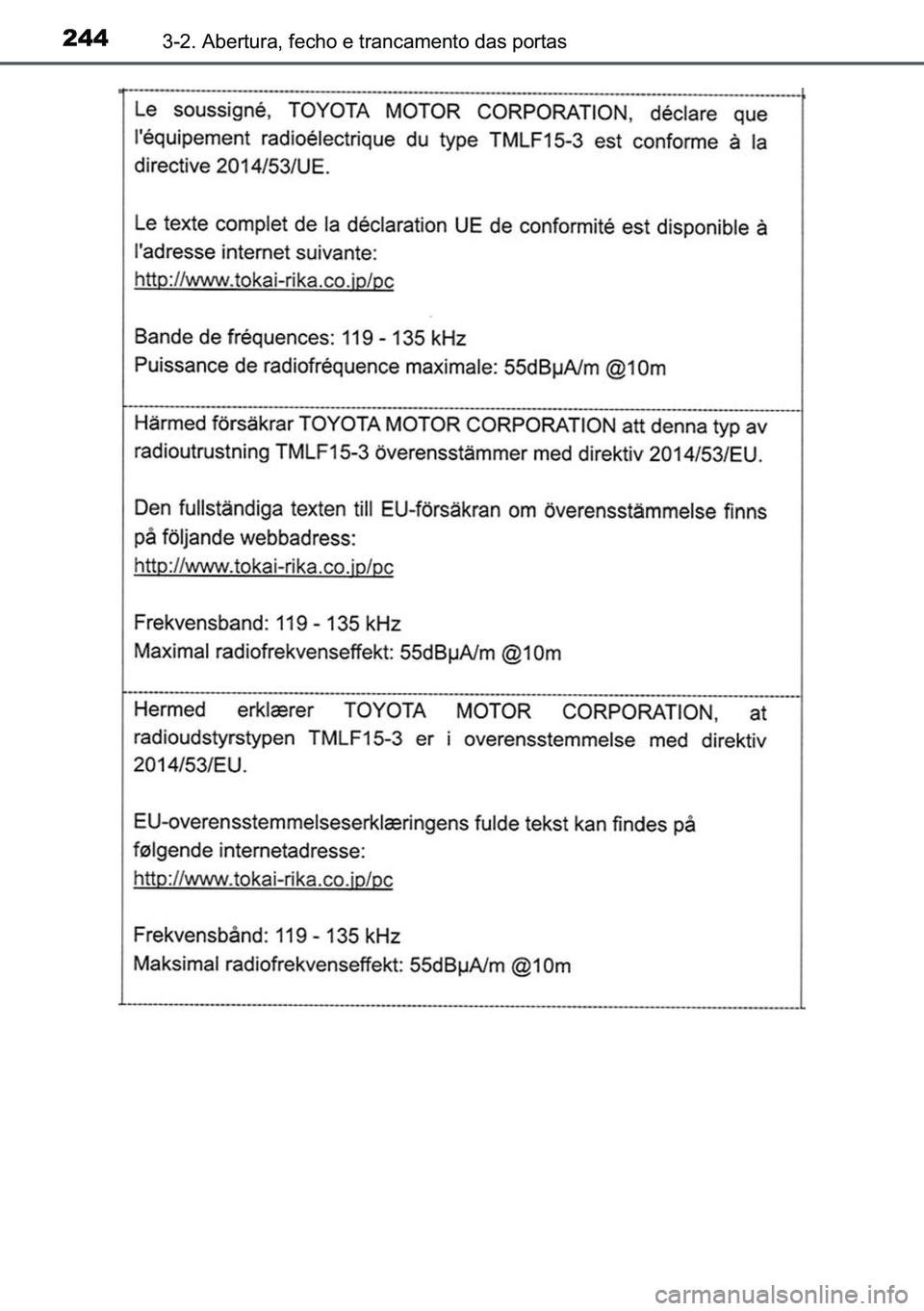 TOYOTA C-HR 2023  Manual de utilização (in Portuguese) 244������$�E�H�U�W�X�U�D���I�H�F�K�R��H��W�U�D�Q�F�D�P�H�Q�W�R��G�D�V��S�R�U�W�D�V 