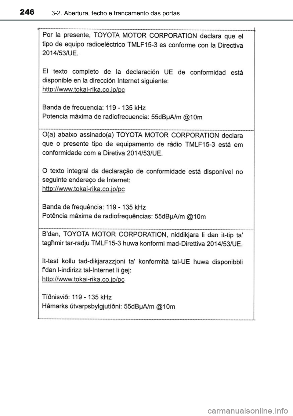 TOYOTA C-HR 2023  Manual de utilização (in Portuguese) 246������$�E�H�U�W�X�U�D���I�H�F�K�R��H��W�U�D�Q�F�D�P�H�Q�W�R��G�D�V��S�R�U�W�D�V 