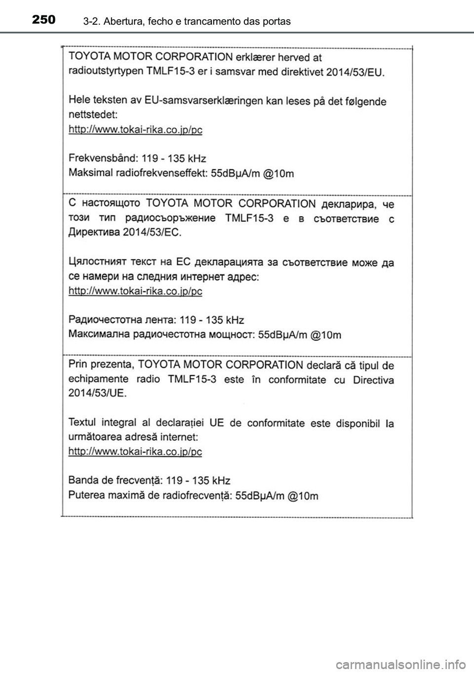 TOYOTA C-HR 2023  Manual de utilização (in Portuguese) 250������$�E�H�U�W�X�U�D���I�H�F�K�R��H��W�U�D�Q�F�D�P�H�Q�W�R��G�D�V��S�R�U�W�D�V 