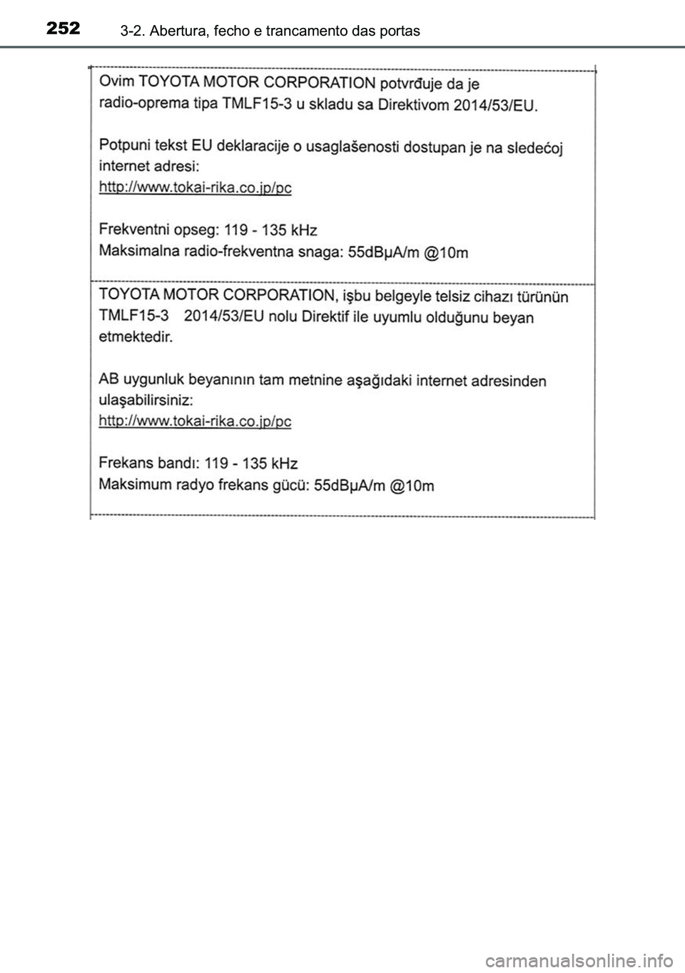 TOYOTA C-HR 2023  Manual de utilização (in Portuguese) 252������$�E�H�U�W�X�U�D���I�H�F�K�R��H��W�U�D�Q�F�D�P�H�Q�W�R��G�D�V��S�R�U�W�D�V 