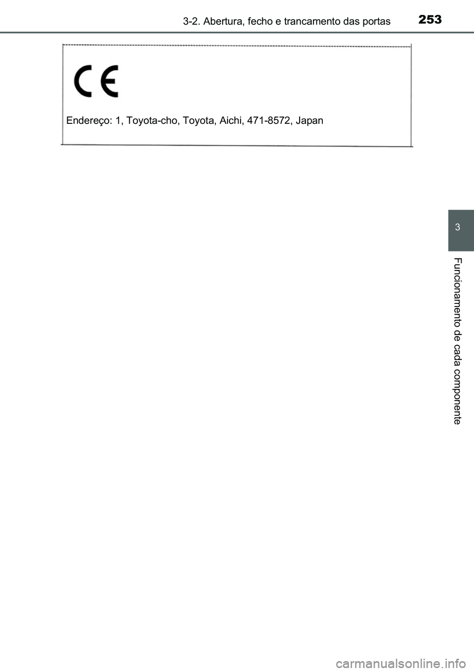 TOYOTA C-HR 2023  Manual de utilização (in Portuguese) 253������$�E�H�U�W�X�U�D���I�H�F�K�R��H��W�U�D�Q�F�D�P�H�Q�W�R��G�D�V��S�R�U�W�D�V
�
�)�X�Q�F�L�R�Q�D�P�H�Q�W�R��G�H��F�D�G�D��F�R�P�S�R�Q�H�Q�W�H
�(�Q�G�H�U�H�o�R������7�R�\�R�W�D