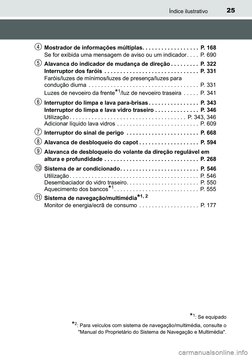 TOYOTA C-HR 2023  Manual de utilização (in Portuguese) 25�Ë�Q�G�L�F�H��L�O�X�V�W�U�D�W�L�Y�R
�0�R�V�W�U�D�G�R�U��G�H��L�Q�I�R�U�P�D�o�}�H�V��P�~�O�W�L�S�O�D�V������������������������������������ �3�����
�6�H�