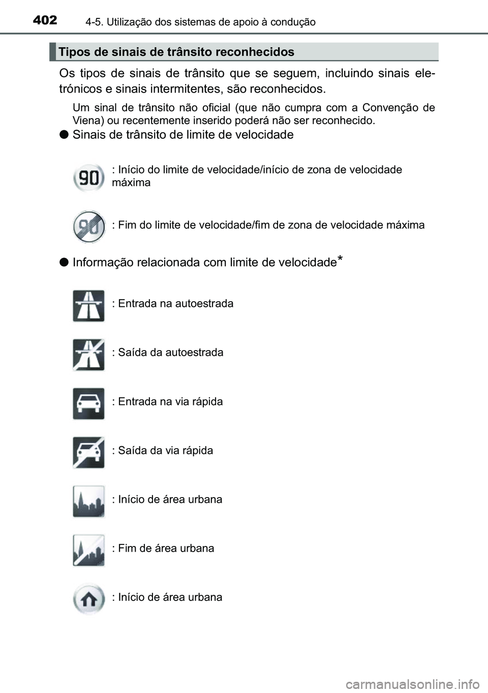 TOYOTA C-HR 2023  Manual de utilização (in Portuguese) 402������8�W�L�O�L�]�D�o�m�R��G�R�V��V�L�V�W�H�P�D�V��G�H��D�S�R�L�R��j��F�R�Q�G�X�o�m�R
�2�V� �W�L�S�R�V� �G�H� �V�L�Q�D�L�V� �G�H� �W�U�k�Q�V�L�W�R� �T�X�H� �V�H� �V�H�J�X�H�P��