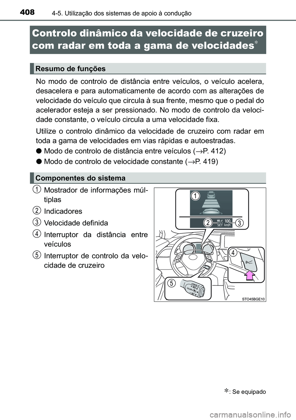 TOYOTA C-HR 2023  Manual de utilização (in Portuguese) 408������8�W�L�O�L�]�D�o�m�R��G�R�V��V�L�V�W�H�P�D�V��G�H��D�S�R�L�R��j��F�R�Q�G�X�o�m�R
Controlo dinâmico da velocidade de cruzeiro 
com radar em toda a gama de velocidades
∗ 
�1�R� �P