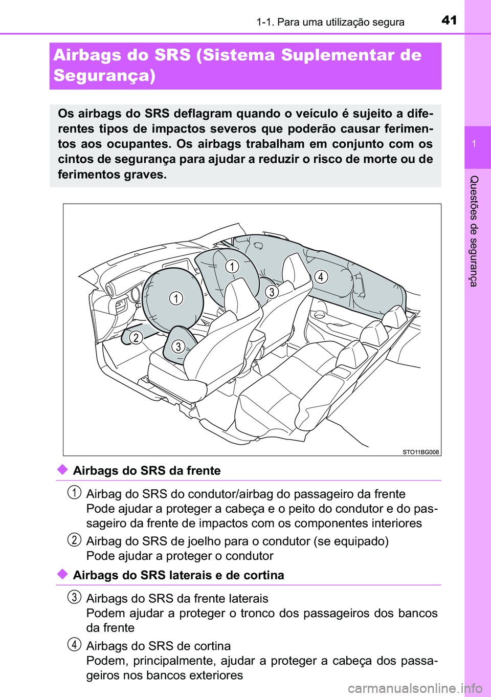 TOYOTA C-HR 2023  Manual de utilização (in Portuguese) 41������3�D�U�D��X�P�D��X�W�L�O�L�]�D�o�m�R��V�H�J�X�U�D
�
�4�X�H�V�W�}�H�V��G�H��V�H�J�X�U�D�Q�o�D
Airbags do SRS (Sistema Suplementar de 
Segurança)
◆�$�L�U�E�D�J�V��G�R��6�5�6��G�D