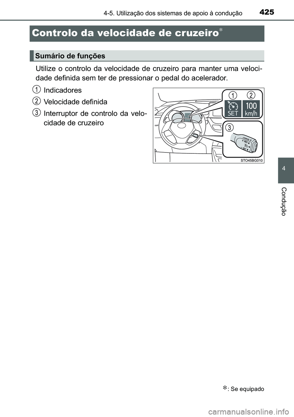 TOYOTA C-HR 2023  Manual de utilização (in Portuguese) 425
�
������8�W�L�O�L�]�D�o�m�R��G�R�V��V�L�V�W�H�P�D�V��G�H��D�S�R�L�R��j��F�R�Q�G�X�o�m�R
�&�R�Q�G�X�o�m�R
Controlo da velocidade de cruzeiro∗
�8�W�L�O�L�]�H� �R� �F�R�Q�W�U�R�O�R� 
