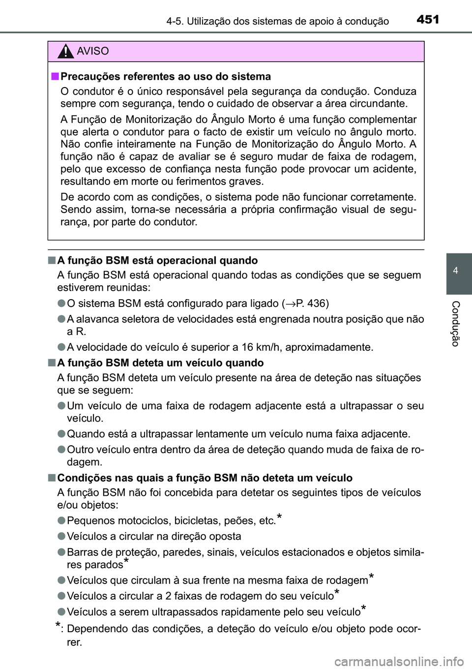 TOYOTA C-HR 2023  Manual de utilização (in Portuguese) 451������8�W�L�O�L�]�D�o�m�R��G�R�V��V�L�V�W�H�P�D�V��G�H��D�S�R�L�R��j��F�R�Q�G�X�o�m�R
�
�&�R�Q�G�X�o�m�R
■�$��I�X�Q�o�m�R��%�6�0��H�V�W�i��R�S�H�U�D�F�L�R�Q�D�O��T�X�D�Q�G�R
�$�