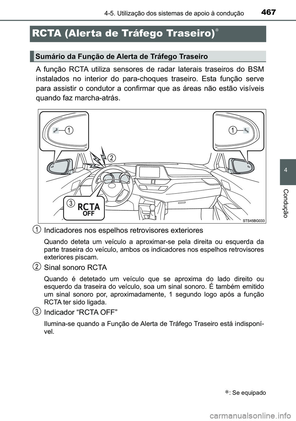 TOYOTA C-HR 2023  Manual de utilização (in Portuguese) 467
�
������8�W�L�O�L�]�D�o�m�R��G�R�V��V�L�V�W�H�P�D�V��G�H��D�S�R�L�R��j��F�R�Q�G�X�o�m�R
�&�R�Q�G�X�o�m�R
RCTA (Aler ta de Tráfego Traseiro)∗
�$� �I�X�Q�o�m�R� �5�&�7�$� �X�W�L�O�