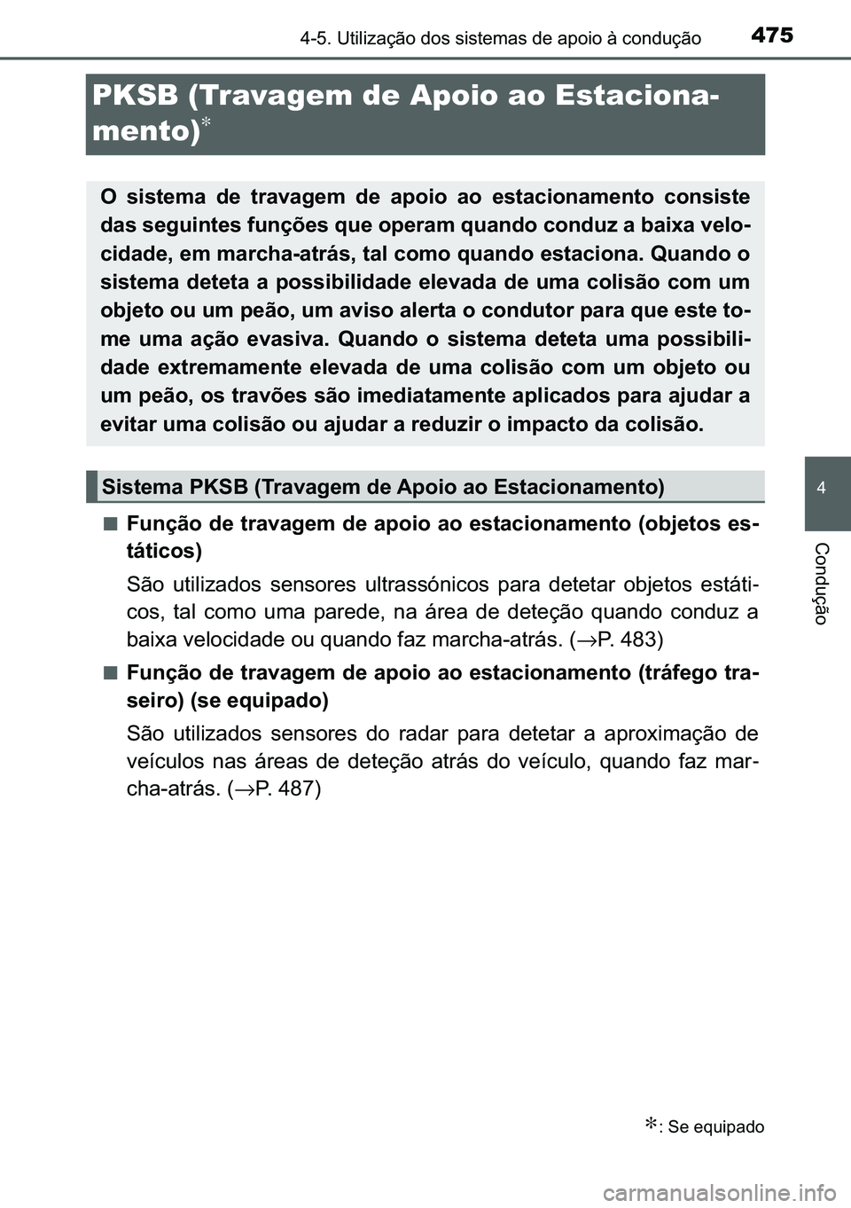 TOYOTA C-HR 2023  Manual de utilização (in Portuguese) 475
�
������8�W�L�O�L�]�D�o�m�R��G�R�V��V�L�V�W�H�P�D�V��G�H��D�S�R�L�R��j��F�R�Q�G�X�o�m�R
�&�R�Q�G�X�o�m�R
PKSB (Travagem de Apoio ao Estaciona-
mento)
∗
■�)�X�Q�o�m�R��G�H��W�U�D�