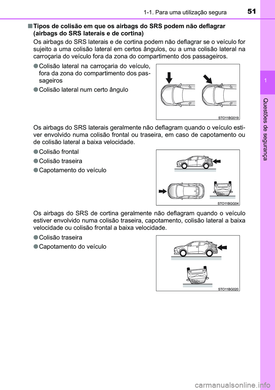TOYOTA C-HR 2023  Manual de utilização (in Portuguese) 51������3�D�U�D��X�P�D��X�W�L�O�L�]�D�o�m�R��V�H�J�X�U�D
�
�4�X�H�V�W�}�H�V��G�H��V�H�J�X�U�D�Q�o�D
■�7�L�S�R�V��G�H��F�R�O�L�V�m�R��H�P��T�X�H��R�V��D�L�U�E�D�J�V��G�R��6�5�6��S