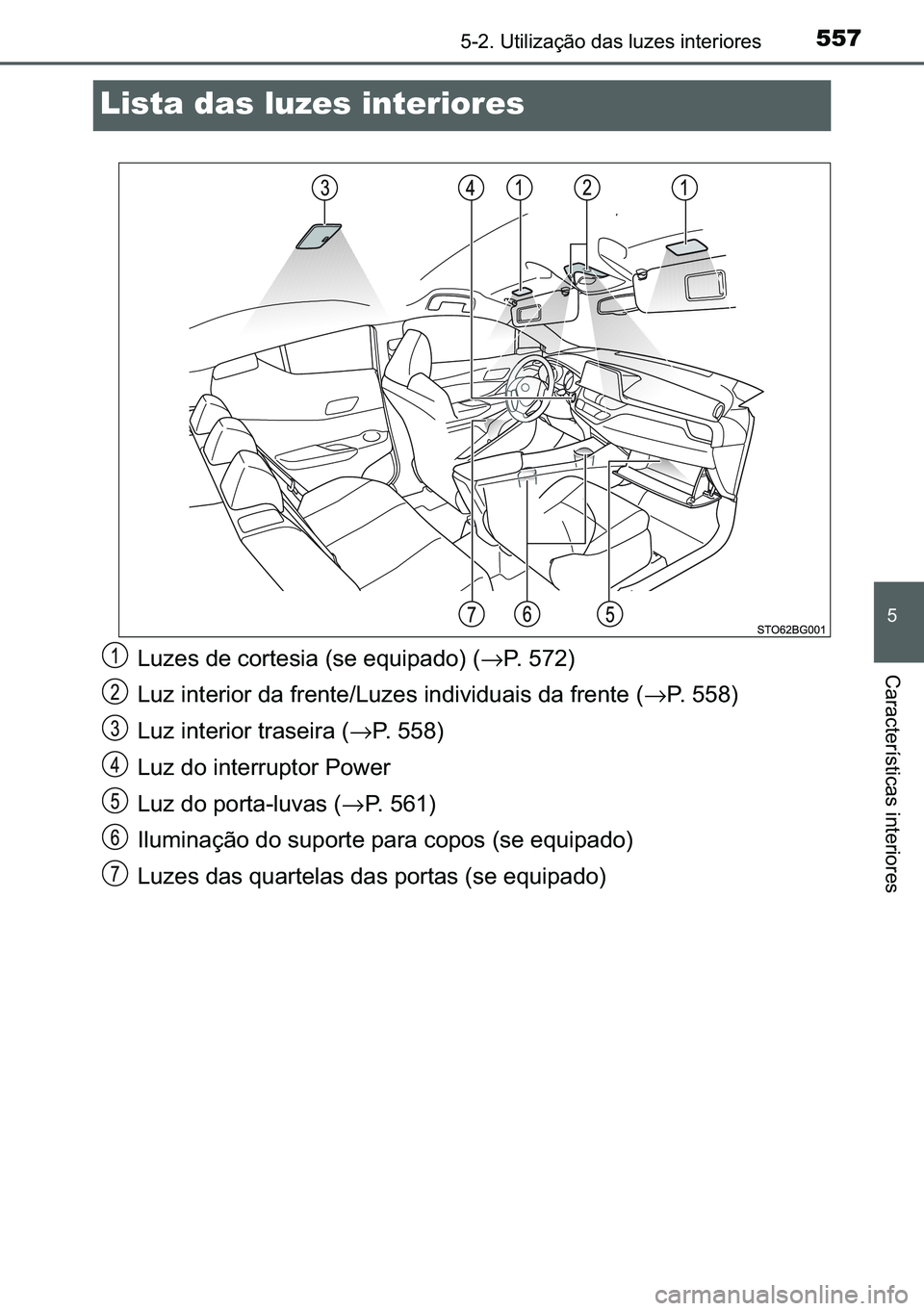 TOYOTA C-HR 2023  Manual de utilização (in Portuguese) 557������8�W�L�O�L�]�D�o�m�R��G�D�V��O�X�]�H�V��L�Q�W�H�U�L�R�U�H�V
�
�&�D�U�D�F�W�H�U�t�V�W�L�F�D�V��L�Q�W�H�U�L�R�U�H�V
Lista das luzes interiores
�/�X�]�H�V��G�H��F�R�U�W�H�V�L�D���V�