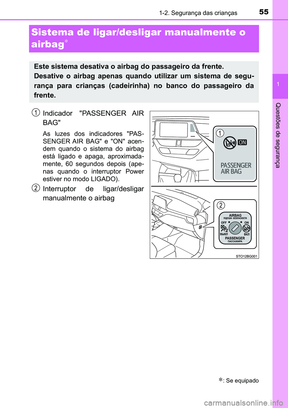 TOYOTA C-HR 2023  Manual de utilização (in Portuguese) 55������6�H�J�X�U�D�Q�o�D��G�D�V��F�U�L�D�Q�o�D�V
�
�4�X�H�V�W�}�H�V��G�H��V�H�J�X�U�D�Q�o�D
Sistema de ligar/desligar manualmente o 
airbag
∗
�,�Q�G�L�F�D�G�R�U� ��3�$�6�6�(�1�*�(�5� �