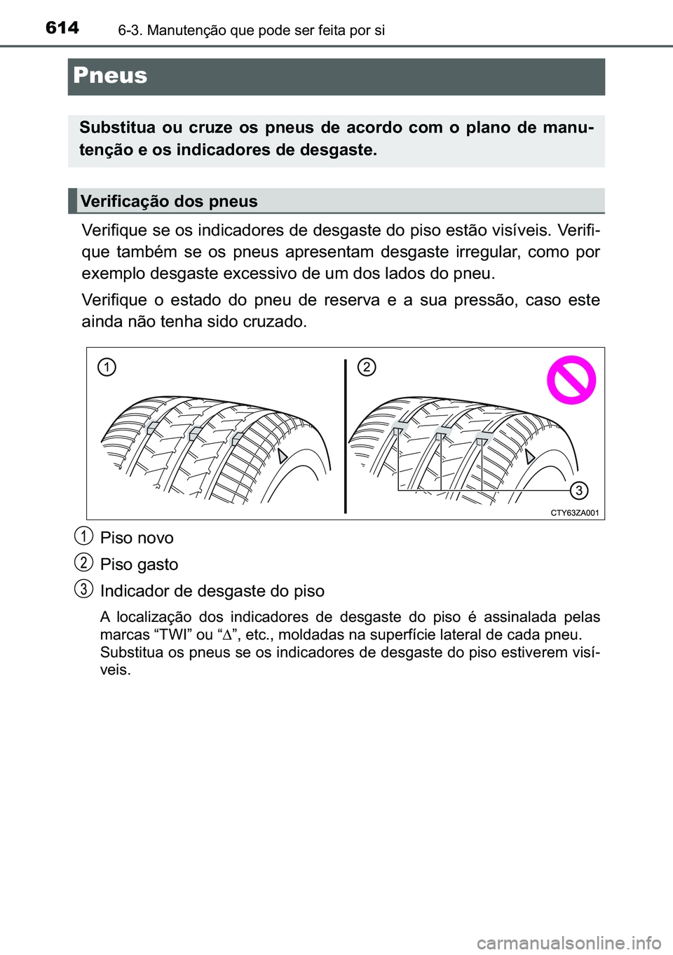 TOYOTA C-HR 2023  Manual de utilização (in Portuguese) 614������0�D�Q�X�W�H�Q�o�m�R��T�X�H��S�R�G�H��V�H�U��I�H�L�W�D��S�R�U��V�L
Pneus
�9�H�U�L�I�L�T�X�H��V�H��R�V��L�Q�G�L�F�D�G�R�U�H�V��G�H��G�H�V�J�D�V�W�H��G�R��S�L�V�R��H�V�W�m�R�