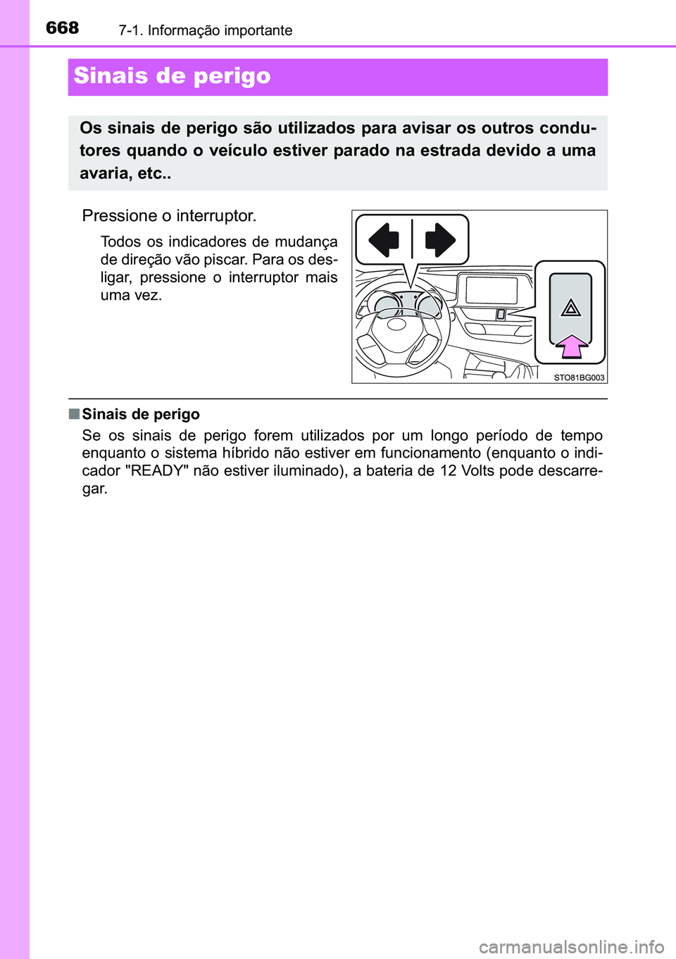 TOYOTA C-HR 2023  Manual de utilização (in Portuguese) 668������,�Q�I�R�U�P�D�o�m�R��L�P�S�R�U�W�D�Q�W�H
Sinais de perigo
�3�U�H�V�V�L�R�Q�H��R��L�Q�W�H�U�U�X�S�W�R�U�
�7�R�G�R�V� �R�V� �L�Q�G�L�F�D�G�R�U�H�V� �G�H� �P�X�G�D�Q�o�D
�G�H��G�L�