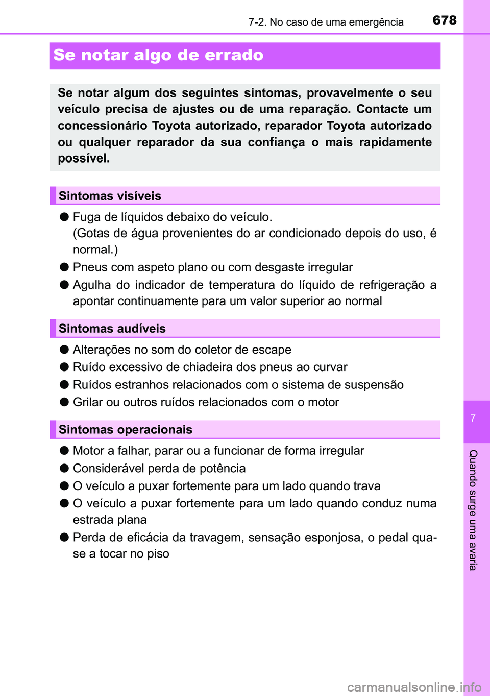 TOYOTA C-HR 2023  Manual de utilização (in Portuguese) 678������1�R��F�D�V�R��G�H��X�P�D��H�P�H�U�J�r�Q�F�L�D
�
�4�X�D�Q�G�R��V�X�U�J�H��X�P�D��D�Y�D�U�L�D
Se notar algo de errado
●�)�X�J�D��G�H��O�t�T�X�L�G�R�V��G�H�E�D�L�[�R��G�R��Y�