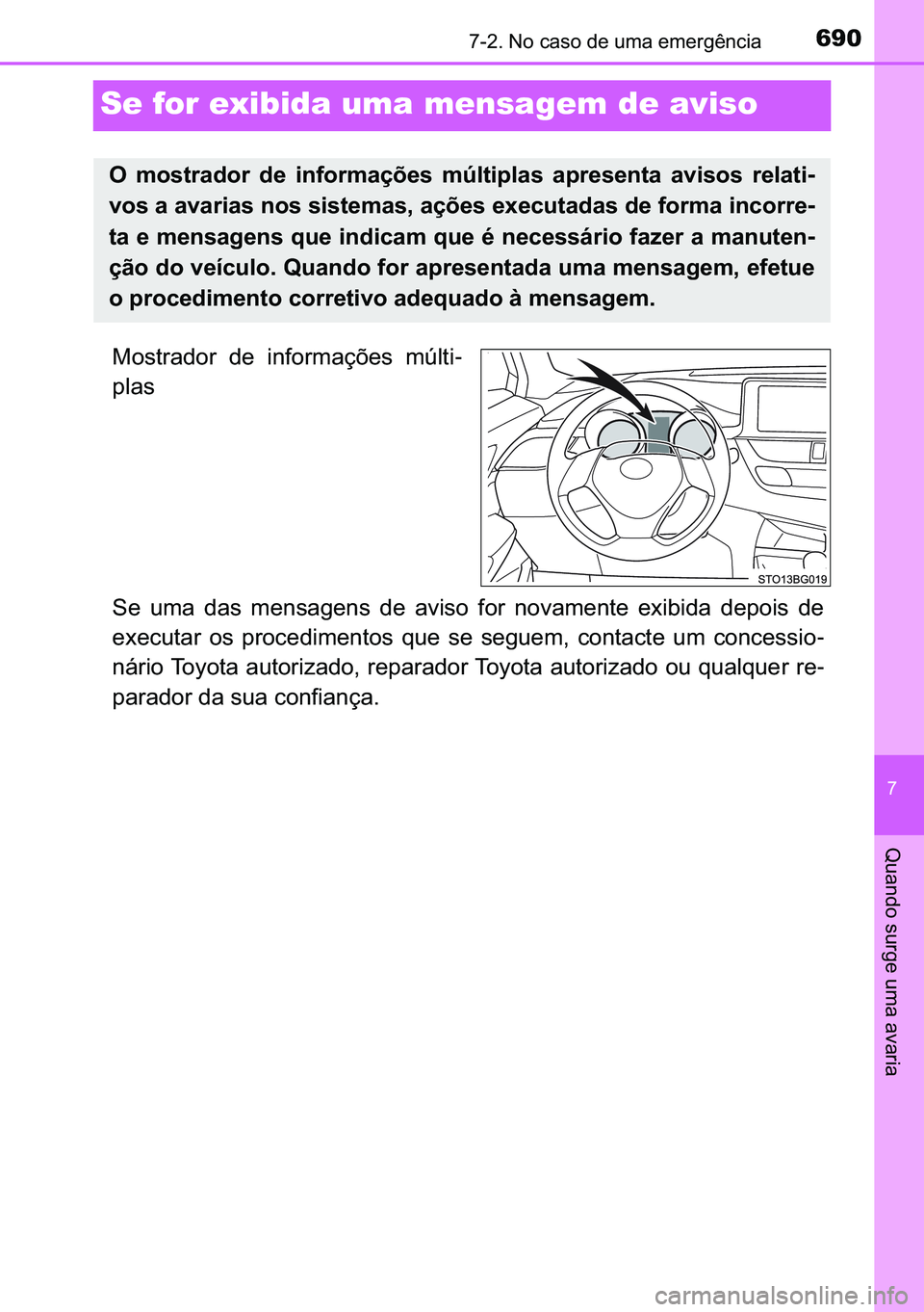 TOYOTA C-HR 2023  Manual de utilização (in Portuguese) 690������1�R��F�D�V�R��G�H��X�P�D��H�P�H�U�J�r�Q�F�L�D
�
�4�X�D�Q�G�R��V�X�U�J�H��X�P�D��D�Y�D�U�L�D
Se for exibida uma mensagem de aviso
�0�R�V�W�U�D�G�R�U� �G�H� �L�Q�I�R�U�P�D�o�}�H�