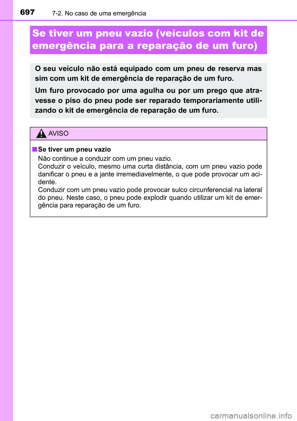 TOYOTA C-HR 2023  Manual de utilização (in Portuguese) 697������1�R��F�D�V�R��G�H��X�P�D��H�P�H�U�J�r�Q�F�L�D
Se tiver um pneu vazio (veículos com kit de 
emergência para a reparação de um furo)
�2� �V�H�X� �Y�H�t�F�X�O�R� �Q�m�R� �H�V�W�