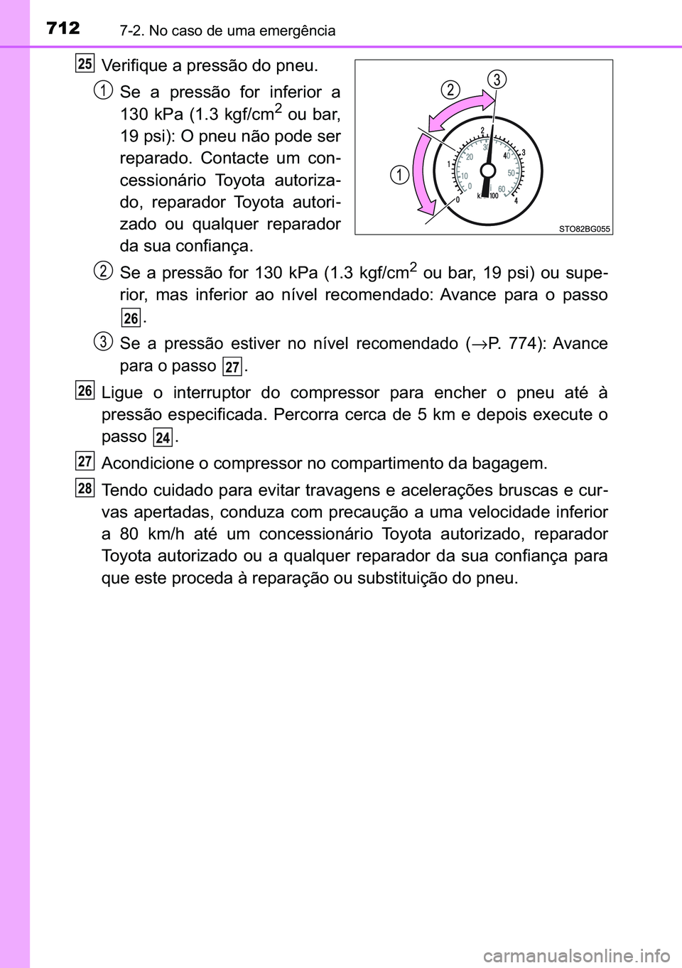 TOYOTA C-HR 2023  Manual de utilização (in Portuguese) 712������1�R��F�D�V�R��G�H��X�P�D��H�P�H�U�J�r�Q�F�L�D
�9�H�U�L�I�L�T�X�H��D��S�U�H�V�V�m�R��G�R��S�Q�H�X�
�6�H� �D� �S�U�H�V�V�m�R� �I�R�U� �L�Q�I�H�U�L�R�U� �D
���� �N�3�D� �