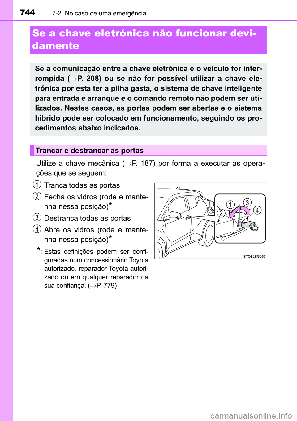 TOYOTA C-HR 2023  Manual de utilização (in Portuguese) 744������1�R��F�D�V�R��G�H��X�P�D��H�P�H�U�J�r�Q�F�L�D
Se a chave eletrónica não funcionar devi-
damente
�8�W�L�O�L�]�H� �D� �F�K�D�Y�H� �P�H�F�k�Q�L�F�D� �→�3�� ����� �S�R�U�