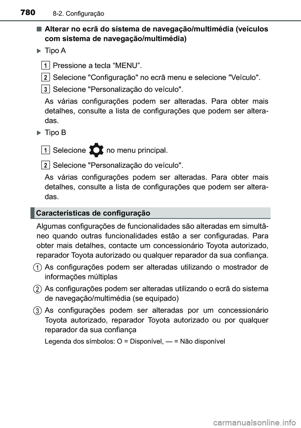 TOYOTA C-HR 2023  Manual de utilização (in Portuguese) 780������&�R�Q�I�L�J�X�U�D�o�m�R
■�$�O�W�H�U�D�U��Q�R��H�F�U�m��G�R��V�L�V�W�H�P�D��G�H��Q�D�Y�H�J�D�o�m�R��P�X�O�W�L�P�p�G�L�D���Y�H�t�F�X�O�R�V
�F�R�P��V�L�V�W�H�P�D��G�H��Q�D�Y�H