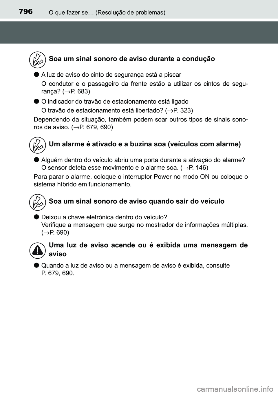 TOYOTA C-HR 2023  Manual de utilização (in Portuguese) 796�2��T�X�H��I�D�]�H�U��V�H�«���5�H�V�R�O�X�o�m�R��G�H��S�U�R�E�O�H�P�D�V�
●�$��O�X�]��G�H��D�Y�L�V�R��G�R��F�L�Q�W�R��G�H��V�H�J�X�U�D�Q�o�D��H�V�W�i��D��S�L�V�F�D�U
�2� �F�R�Q