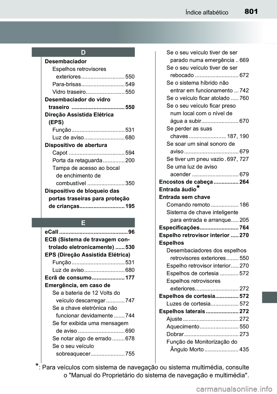 TOYOTA C-HR 2023  Manual de utilização (in Portuguese) 801�Ë�Q�G�L�F�H��D�O�I�D�E�p�W�L�F�R
��H�V�H�P�E�D�F�L�D�G�R�U
�(�V�S�H�O�K�R�V��U�H�W�U�R�Y�L�V�R�U�H�V�
�H�[�W�H�U�L�R�U�H�V ���������������������������� ���
�3�D