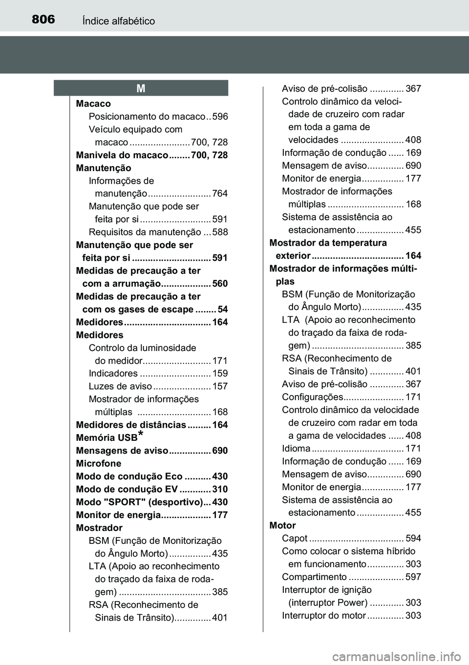 TOYOTA C-HR 2023  Manual de utilização (in Portuguese) 806�Ë�Q�G�L�F�H��D�O�I�D�E�p�W�L�F�R
�0�D�F�D�F�R
�3�R�V�L�F�L�R�Q�D�P�H�Q�W�R��G�R��P�D�F�D�F�R �� ���
�9�H�t�F�X�O�R��H�T�X�L�S�D�G�R��F�R�P�
�P�D�F�D�F�R ����������������