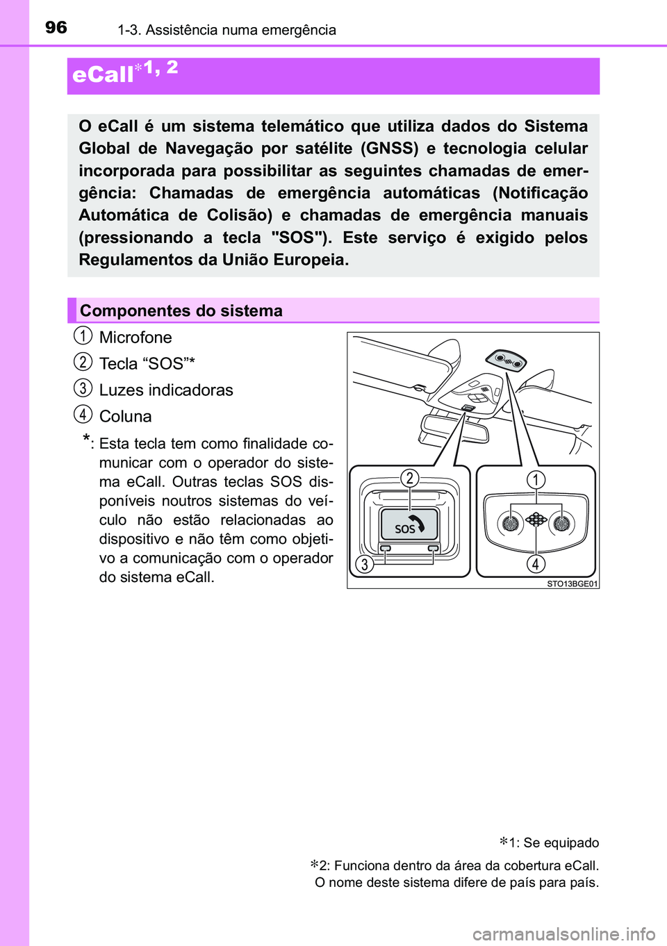 TOYOTA C-HR 2023  Manual de utilização (in Portuguese) 96������$�V�V�L�V�W�r�Q�F�L�D��Q�X�P�D��H�P�H�U�J�r�Q�F�L�D
eCall∗1, 2
�0�L�F�U�R�I�R�Q�H
�7�H�F�O�D��